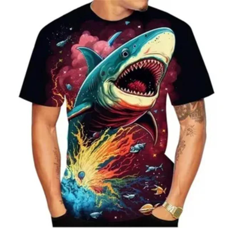 Summer Horror Great White Short Sleeve Fun 3D Colorful Printed Men's T-shirt Plus Size Loose Everyday Casual Comfortable Round-neck T-shirt