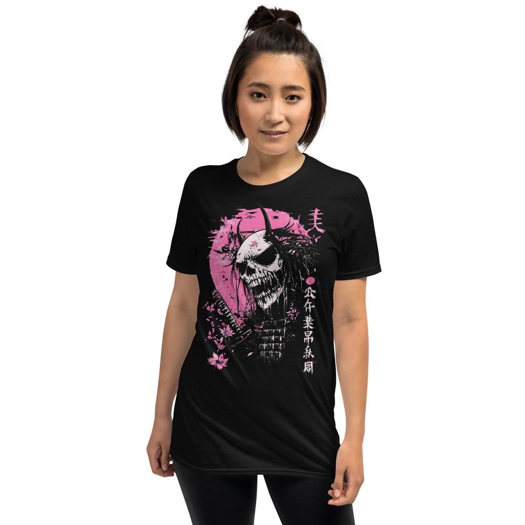 Samurai Skull T-Shirt and kids shirt – Unisex Bold Pink Japanese Graphic Tee – Artistic and Edgy Design