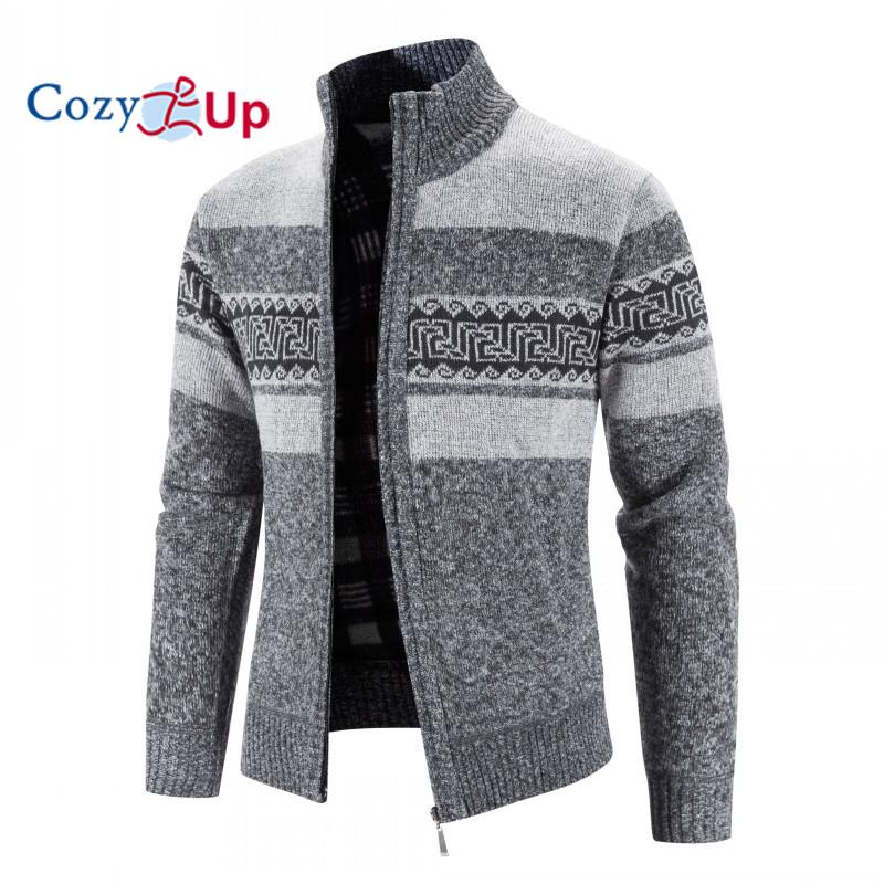 Cozy Up Осенне-зимний мужской вязаный кардиган с наклонным карманом и воротником-стойкой, флисовый теплый свитер