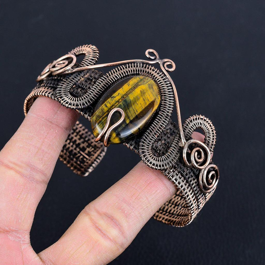 Тигровый глаз, обмотанный медной проволокой 999 пробы, серебряный браслет-манжета, регулируемый, украшения из драгоценных камней ручной работы, подарок для мамы, антикварные украшения