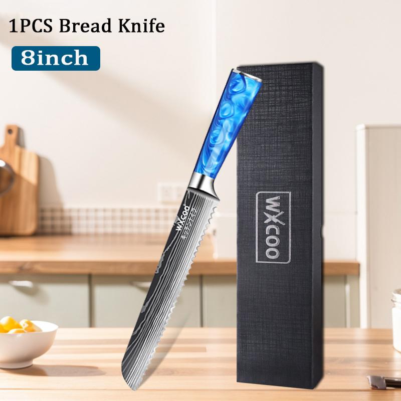 WXCOO Professional Kitchen Knife Blue Resin Handle Japanese Santoku Knife Laser Damascus Pattern Utility Knife With Gift Box