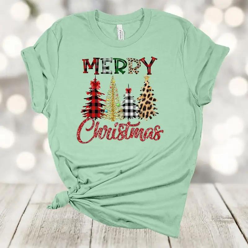 Plaid Leopard And Gold Trees Cute Merry Christmas Holiday T Shirt Premium Soft Plus Size 2x 3x 4x Available