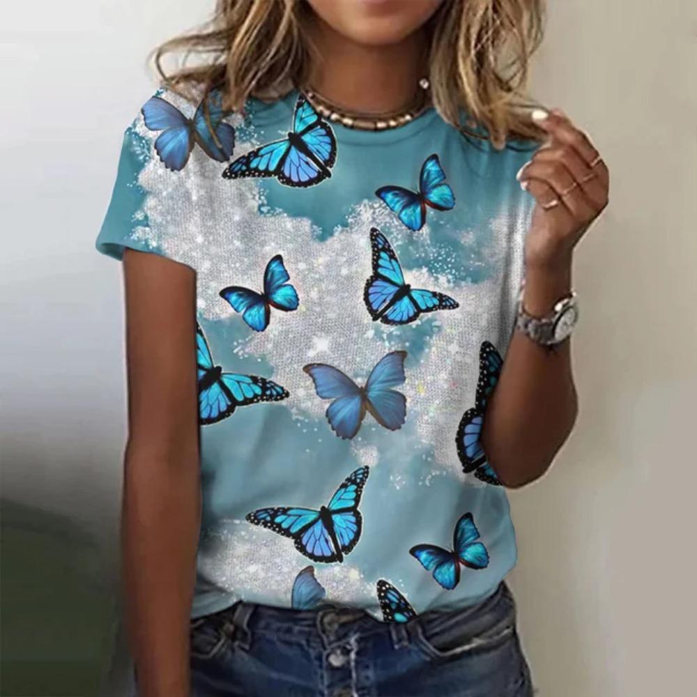 Летняя модная женская футболка с круглым вырезом и принтом в виде бабочки, футболка с принтом Y2k Harajuku, ретро-топ, футболка, свободная одежда