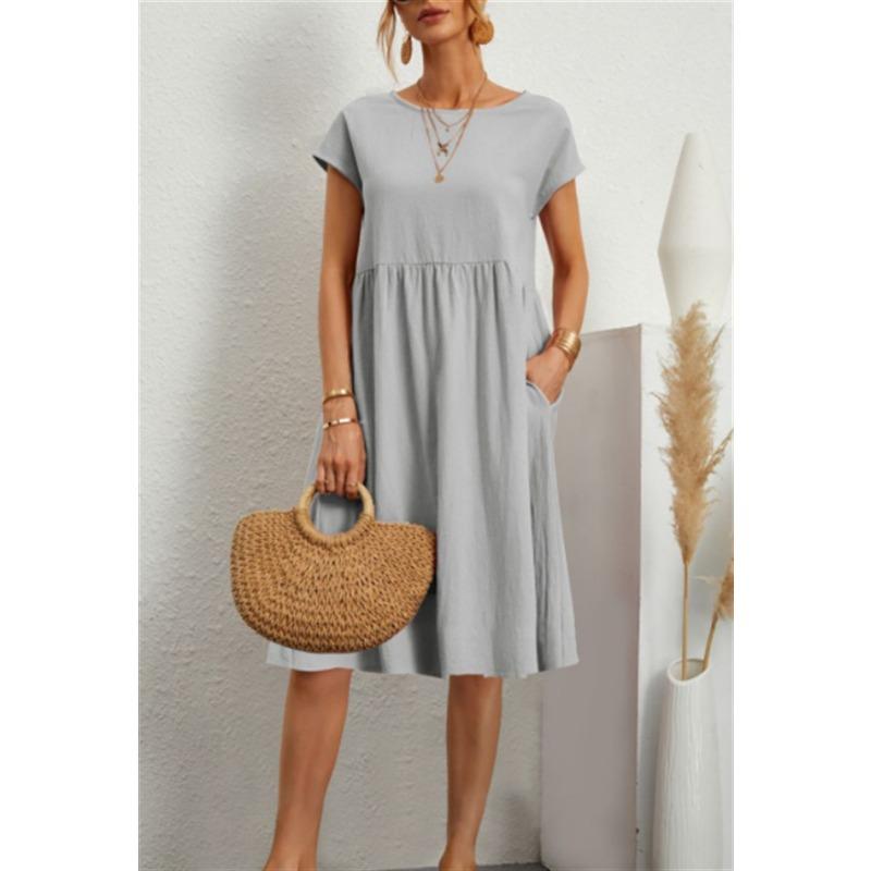 DAFIFY Женская мода лето весна однотонный принт с коротким рукавом и круглым вырезом свободная талия повседневные платья