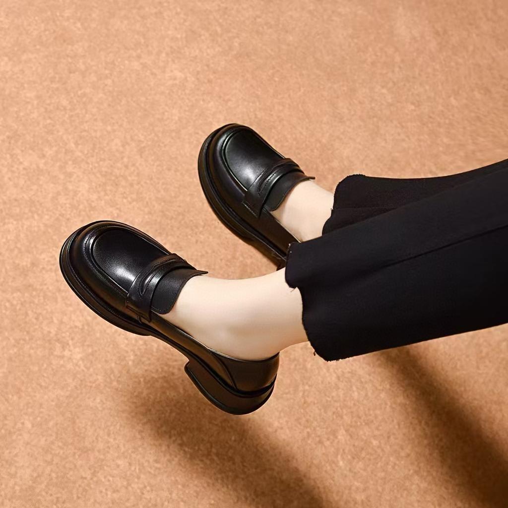 Platform-soled Loafers Women's 2025 Spring New Basic Models, One-pedal Small Leather Shoes, Single Shoes, Shallow Mouth College Style Women's Shoes