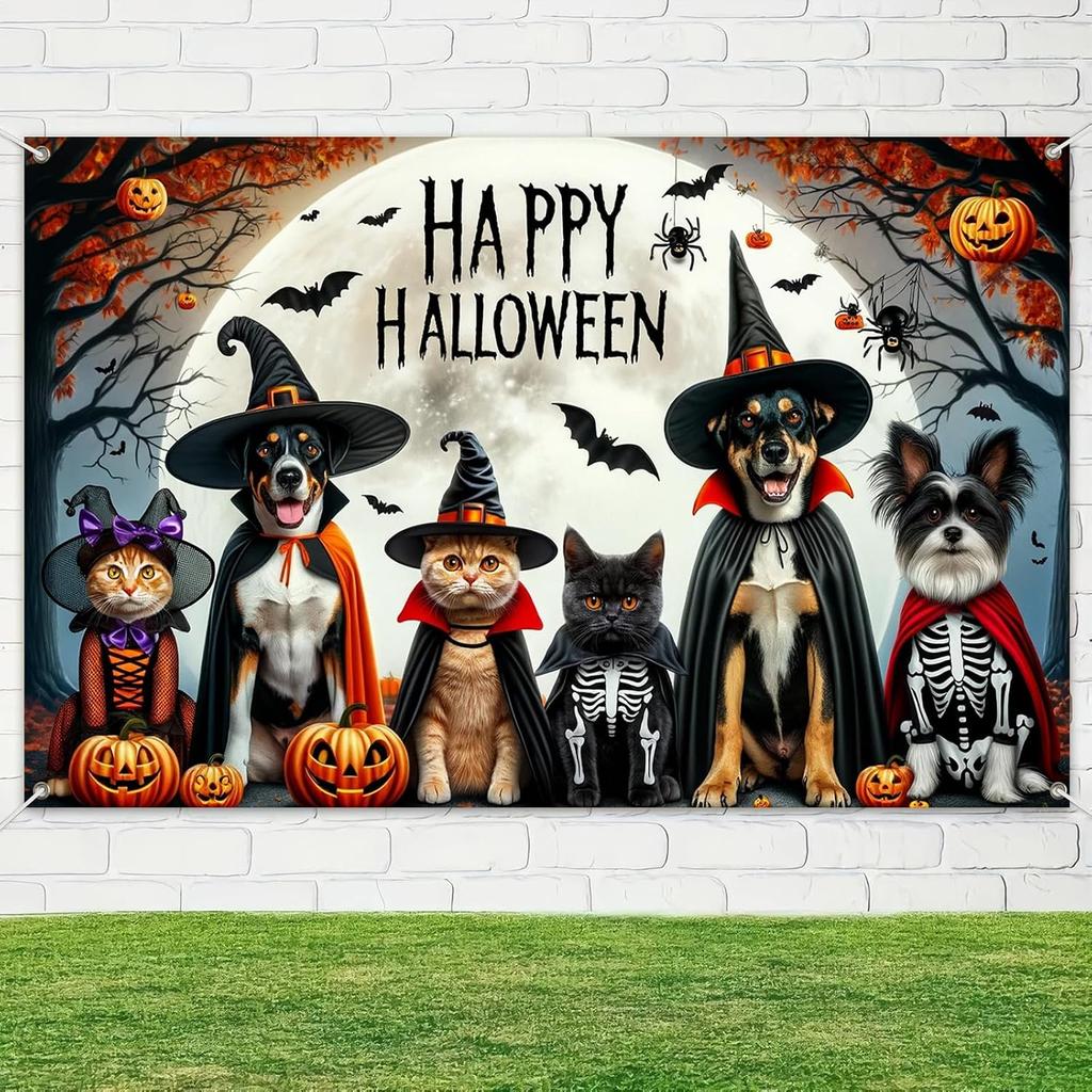 BlissYard Halloween Backdrop Halloween Dog Cat Party Banner 71 x 43 Inch