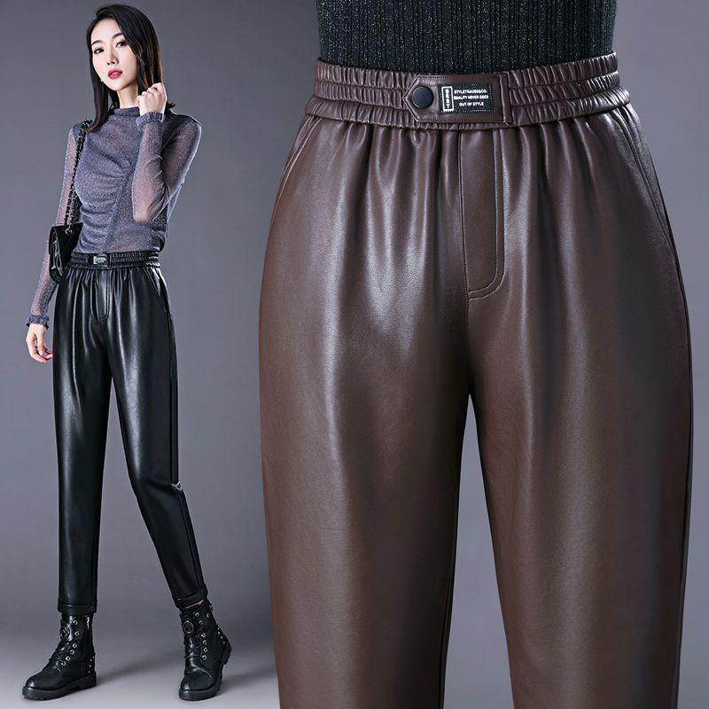 Плотные кожаные брюки с высокой талией и размером 9 дюймов плюс, новый зимний стиль, свободные повседневные брюки Haren