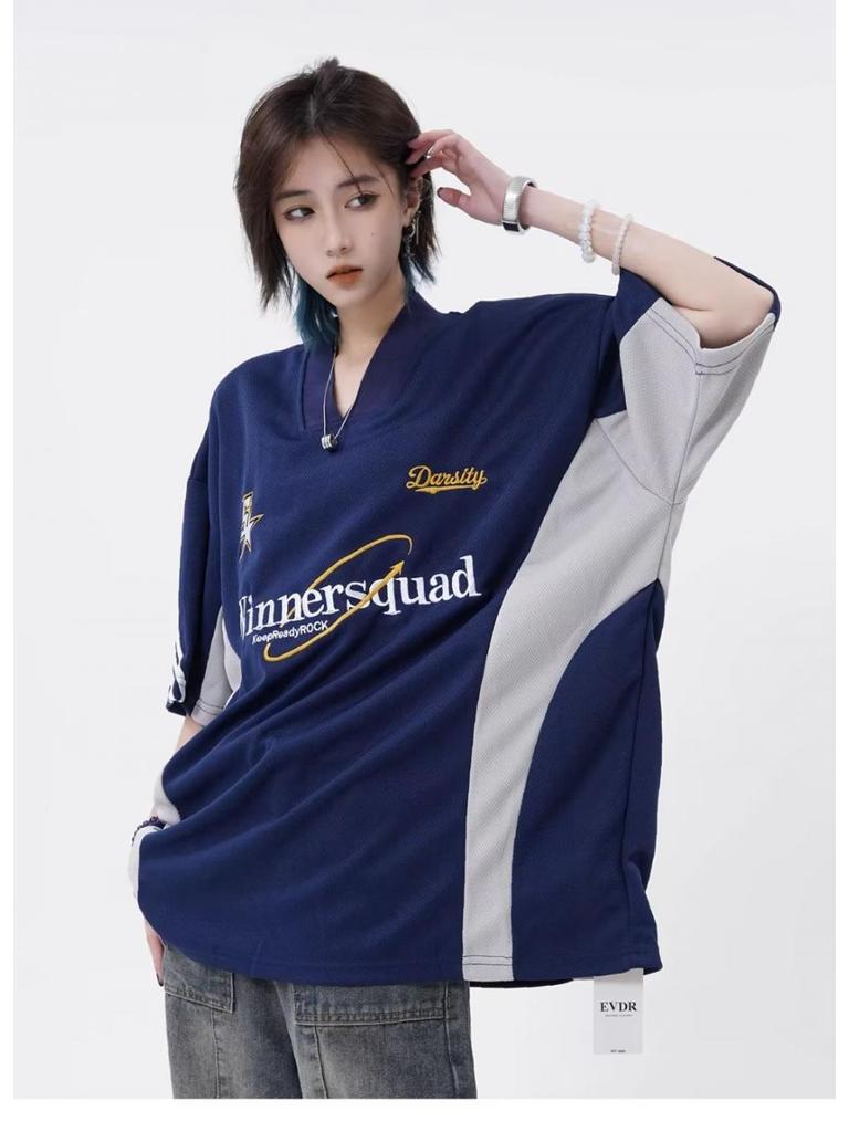 Футболка свободного кроя из джерси с V-образным вырезом и вышивкой в стиле ретро унисекс, короткий рукав, повседневный тренд