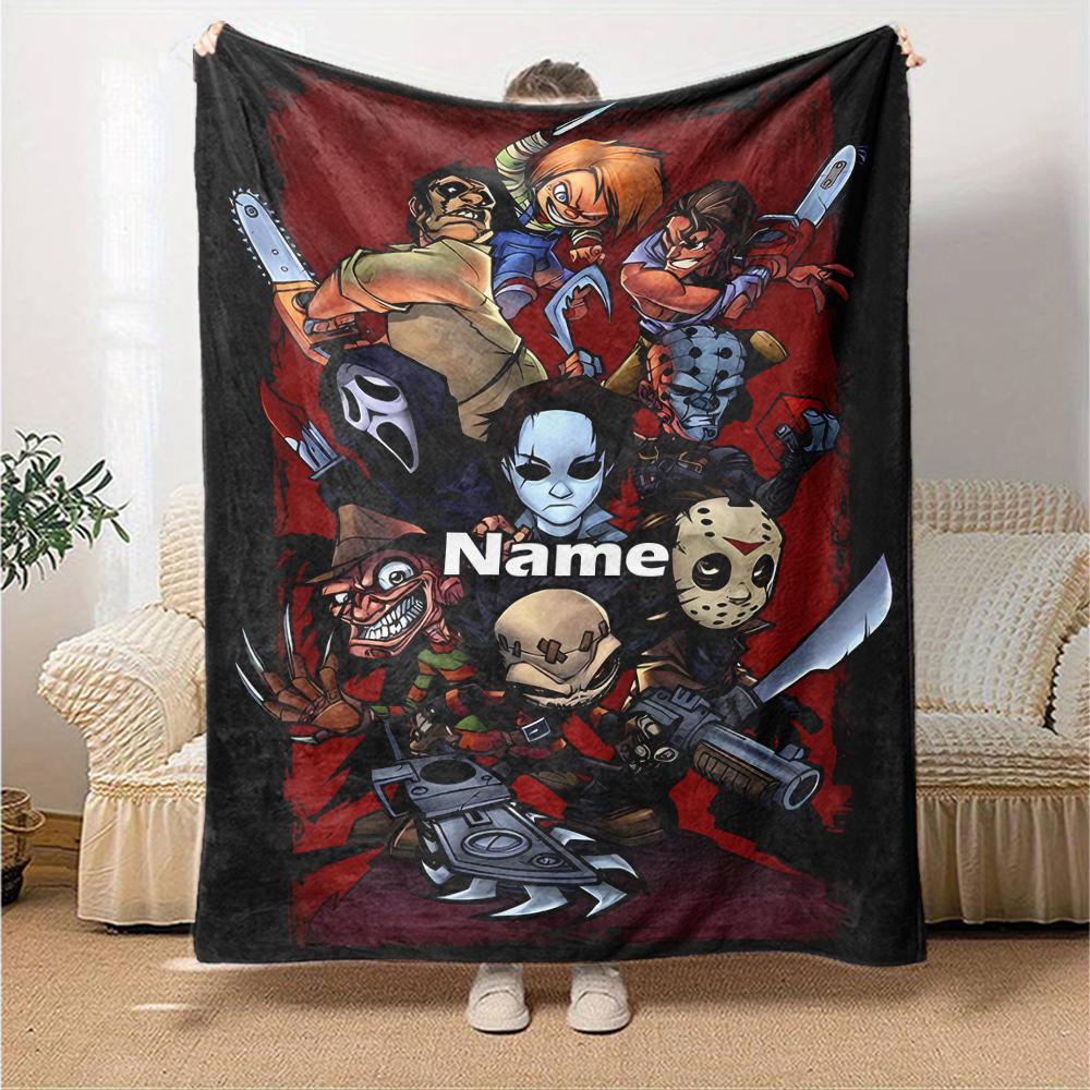 Custom Name Halloween horror Theme Printed Blanket - Perfect for Couch, Bed, Travel & Outdoor Use | Machine Washable, Cozy & Durable.
