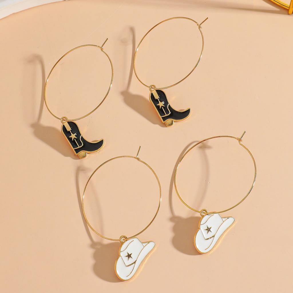 Europe United States Retro Western Cow Head Earrings Trendy Fashion Color Boots Cowboy Hat Gold Drop Oil Pendant Jewelry