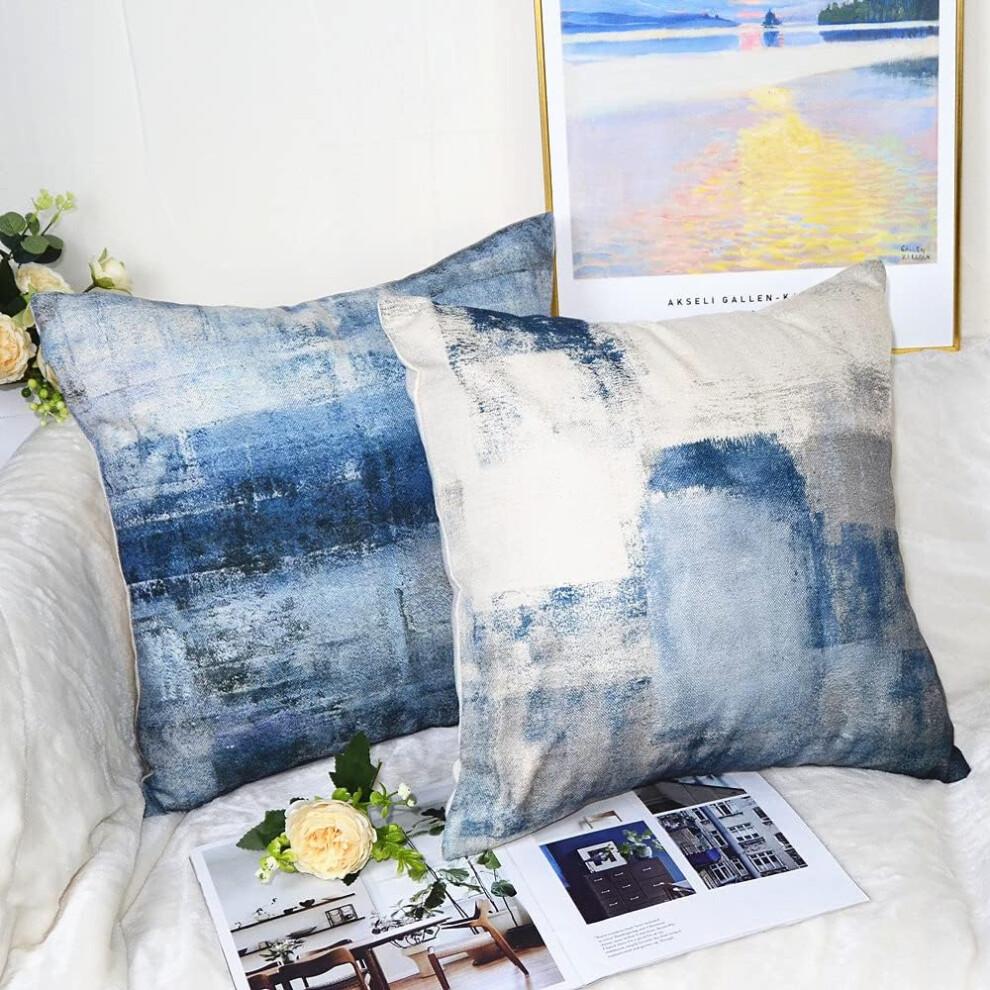 Chic Square Cushion Cover, Navy Blue Grey Abstract Art Painting Decorative Pillow Covers, Exquisite Linen Material Ensures Durability and Comfort,