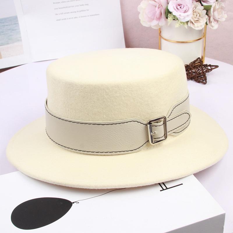 Wool French celebrity white flat top top top hat, female British retro fashion Hepburn hat
