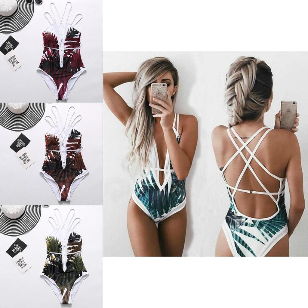 Women Elegant Floral Print Deep V Neck Backless Bandage Bathing One Piece Swimsuit