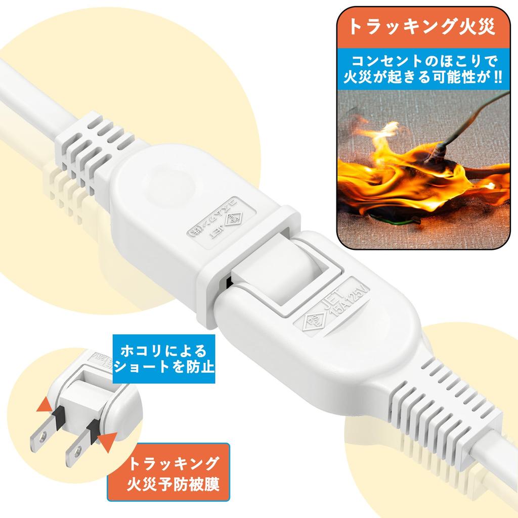 KIMOC 7m White Extension Cord, 15A 125V 1500W, Single Outlet, 180-Degree Swing Plug, 7m Power Strip with Fire Prevention Insulation Cap, Multi-Tap,