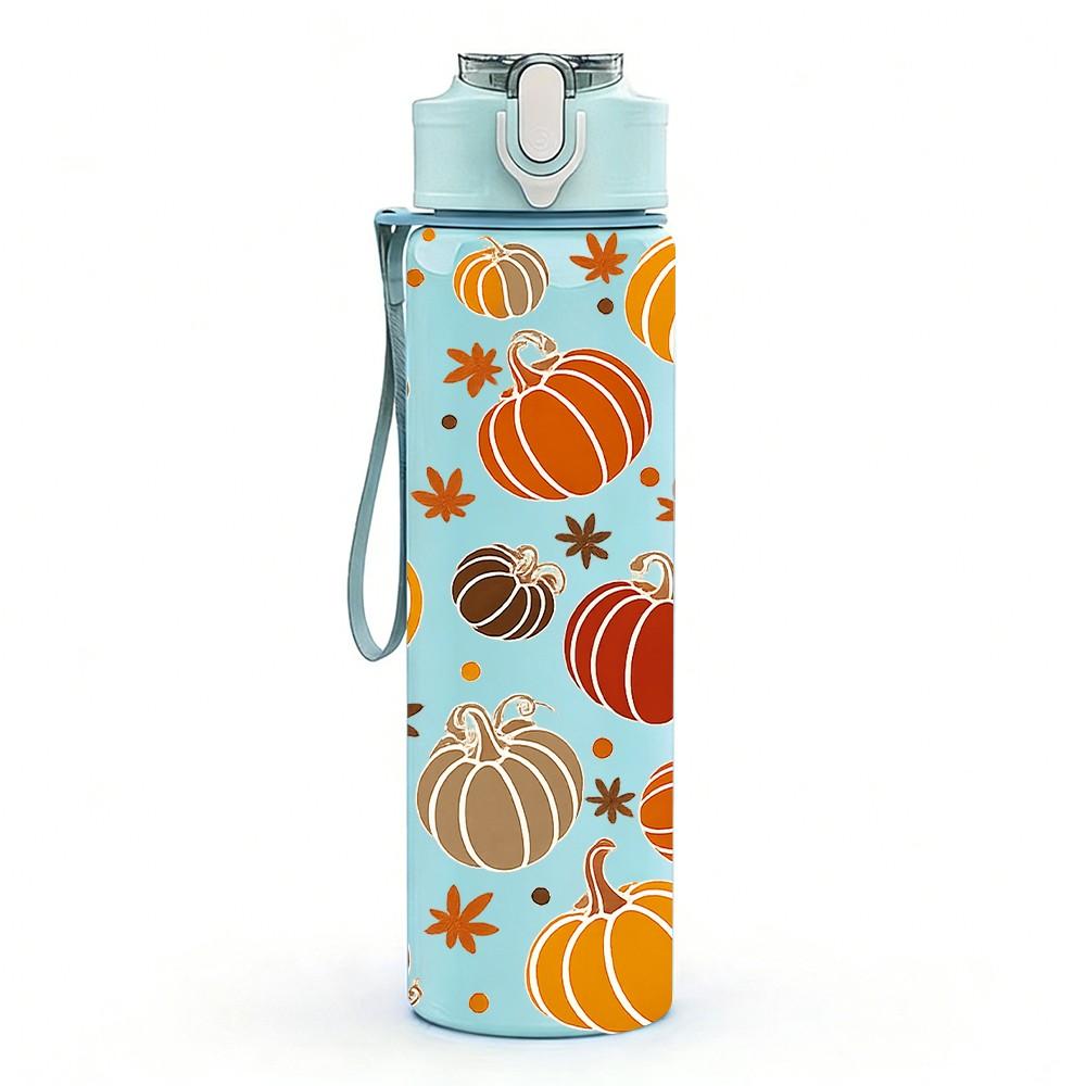 1PC Fall Pumpkin Seamless Pattern Print 750ml Color Plastic Sports Water Bottle Leakproof Flip Straw Lid Suitable for Sports Office Home Use