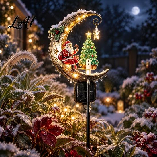 Yard Art for Christmas Decoration Santa Claus Moon Decorative Stake Solar Powered LED Garden Stakes Light Metal Stake Decor Outdoor Lawn Path