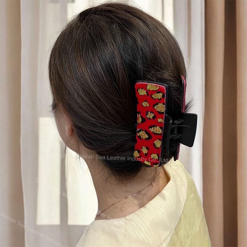 Horsehair Leather American Cow Boy Style Hair Claws Fashion Leopard Pattern Retro Rectangle Hair Clips