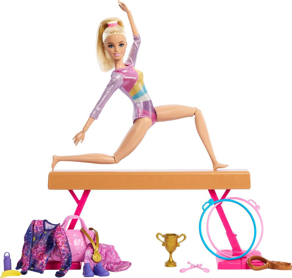 Barbie Career Playset Gymnastics Set Blonde Gymnastics Fashion Doll C Clip for Flip Action Balance Beam Warm Up Suit Accessories &