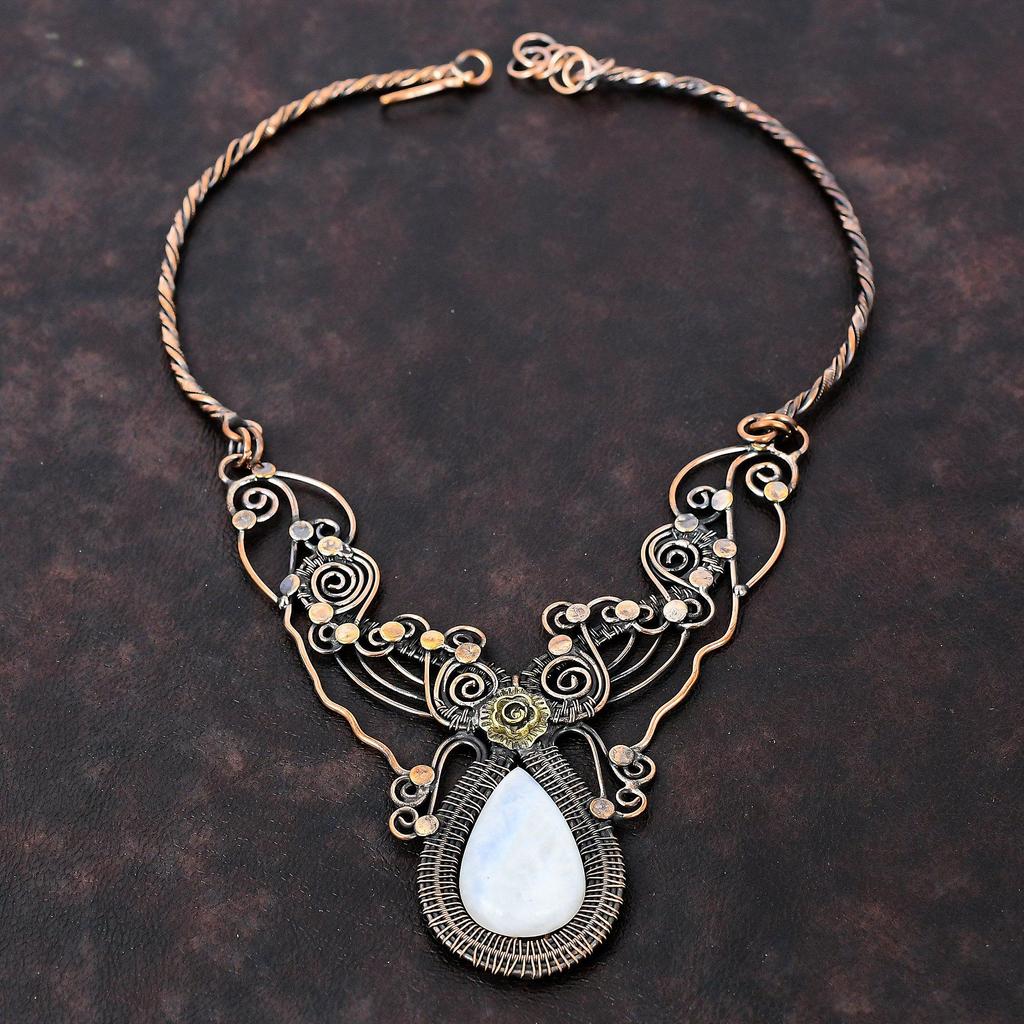 Радужное ожерелье из лунного камня, ожерелье из медной проволоки, регулируемое ожерелье, ручная работа, ювелирные изделия из проволоки, подарок для женщин, ожерелье из драгоценных камней