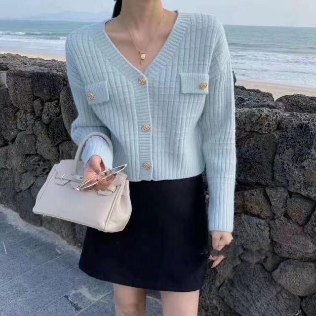 Кардиган, короткий стильный свитер, куртка для женщин, осень 2023, свободный мягкий клейкий трикотаж, модный женский свитер с v-образным вырезом