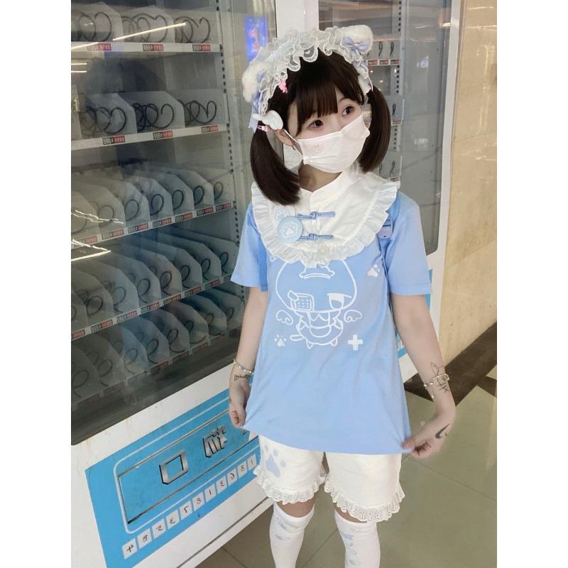 Японские кавайные кошачьи мультяшные милые топы в стиле Лолиты Y2k эстетичные кружевные укороченные футболки в стиле пэчворк гранж контрастные цвета винтажные футболки с изображением фей