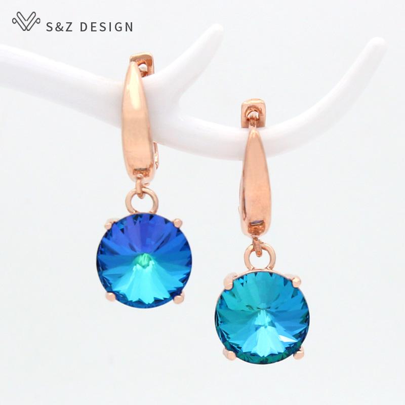 Colorful Round Large Crystal Drop Earrings For Women Wedding Jewelry Fashion Rose Gold Color Eardrop Gift