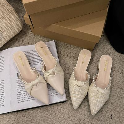 Баотоу тапочки женские летние новые толстый каблук острый носок полутапочки носить средний каблук фея сандалии