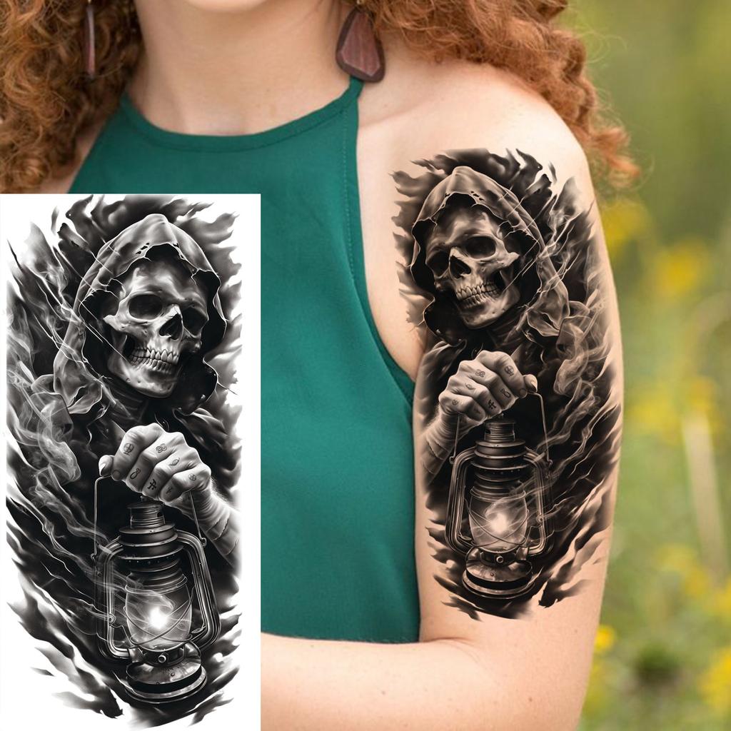 1 Sheet Scary Grim Reaper Skull Temporary Tattoos Halloween Tatoos Long Lasting Waterproof Tiger Wolf Beast Fake Tattoo Stickers