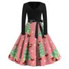 Women's Casual Fashion V Neck Long Sleeve Christmas Printed Vintage Long Dress