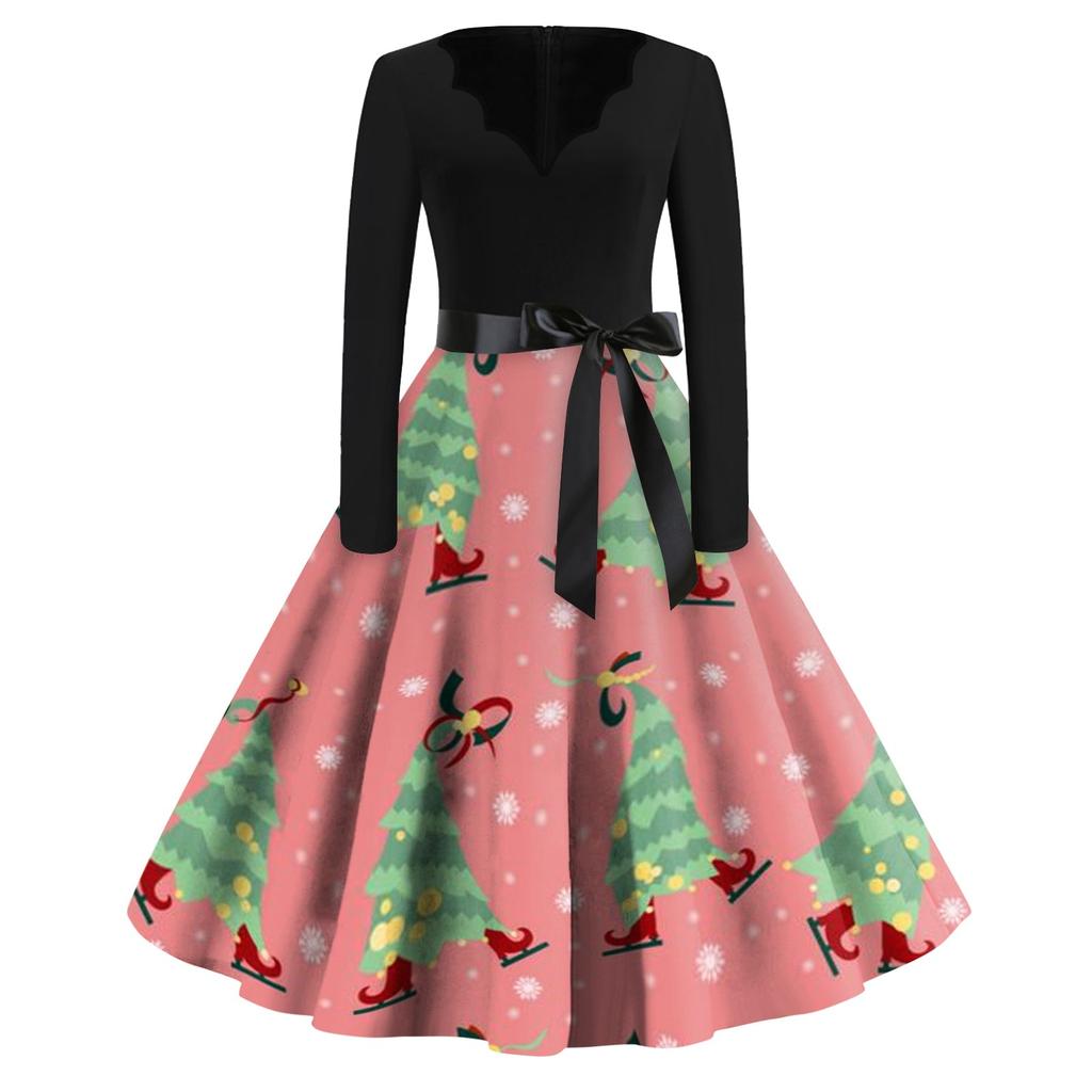 Women's Casual Fashion V Neck Long Sleeve Christmas Printed Vintage Long Dress