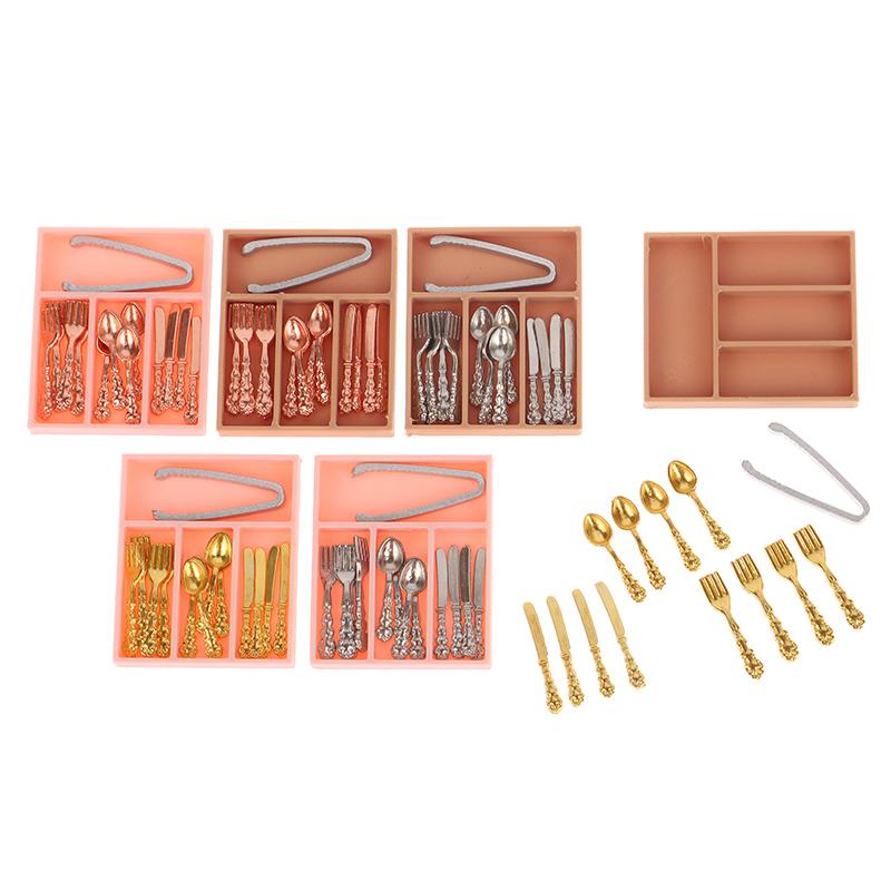 1Комплект 1:12 кукольных мини-ножей, вилок, ложек, зажимов, столовых приборов с ящиком для хранения, кукольные кухонные принадлежности, утварь, декор, аксессуары