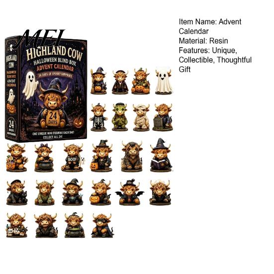 Highland Cow Advent Calendar Halloween Calendar, 24 Days Countdown Box Desk Decorations with 24Pcs Figurines, Spooky
