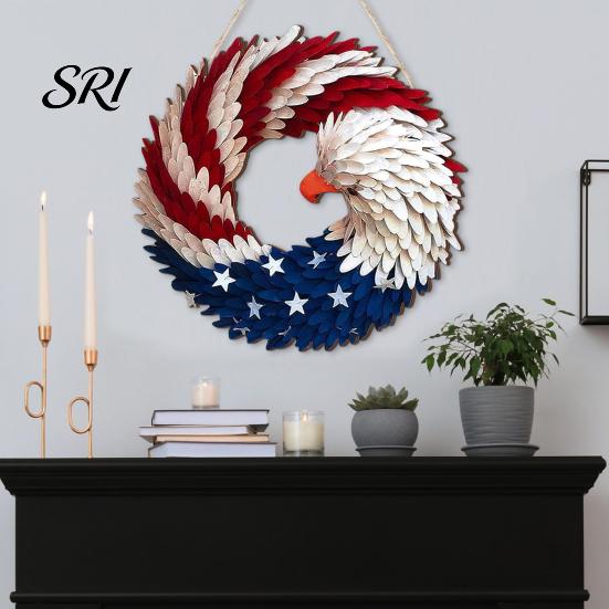 4th Of July Wreath Patriotic for Front Door Handmade of Hanger Red Reusable Holiday White Blue American Wooden Hanging Plaque Wall Porch Memorial Day