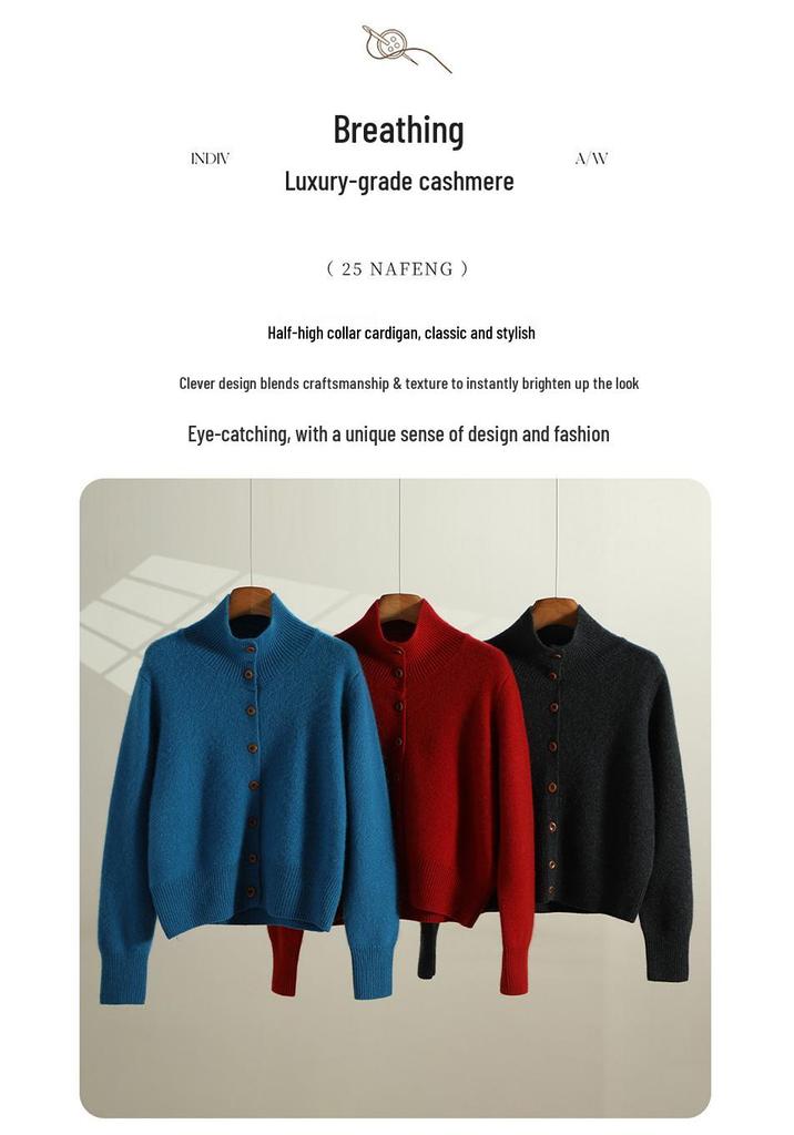 Women's High-Neck Cashmere Blend Cardigan - Thickened, Loose, Slimming Winter Sweater
