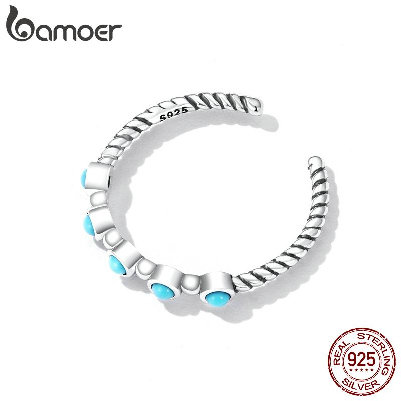 BAMOER натуральное серебро 925 пробы с бирюзой, открытое кольцо для женщин, простое стильное кольцо, ювелирное изделие, подарок