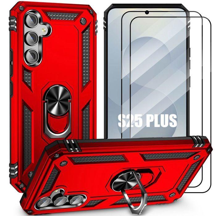 Coque de protection - BOOLING - pour Samsung Galaxy S25 Plus - Rouge - 2 Verres Trempés - Anneau Rotatif