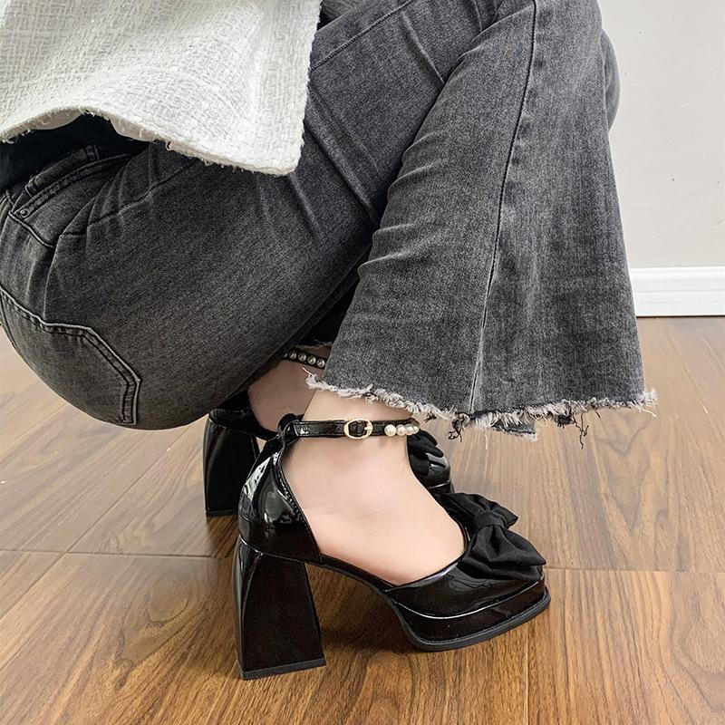 Туфли Мэри Джейн на высоком каблуке с бантом, женские туфли на толстом каблуке с жемчужным словом и водонепроницаемым столиком, одинарные туфли с сумкой-головой, летние сандалии