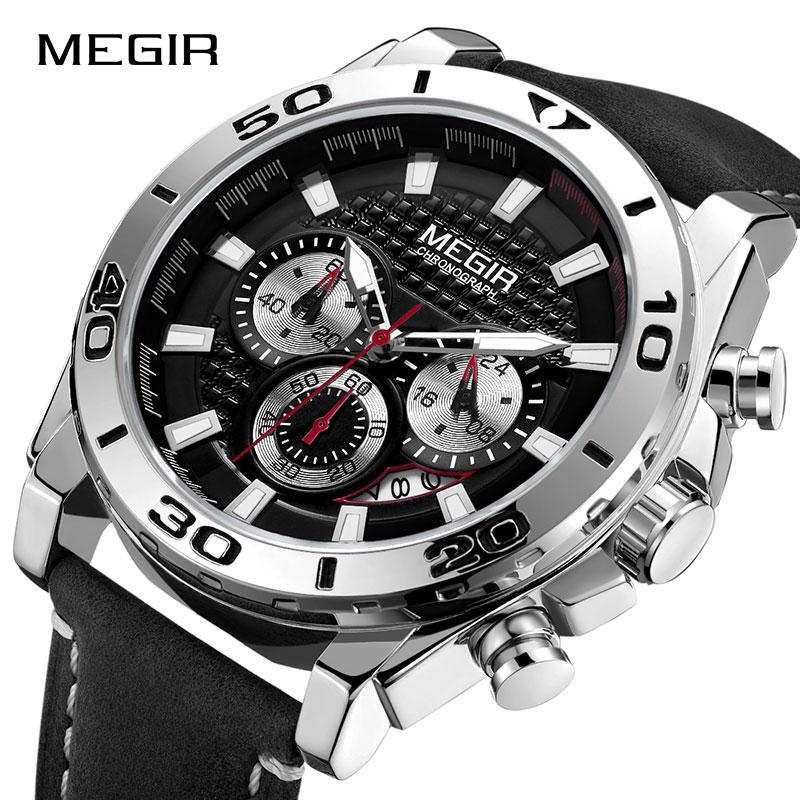 Men's Army Sports Chronograph Quartz Watches Leather Strap Luminous Waterproof Wristwatch Man Relogios Clock 2094 Silver