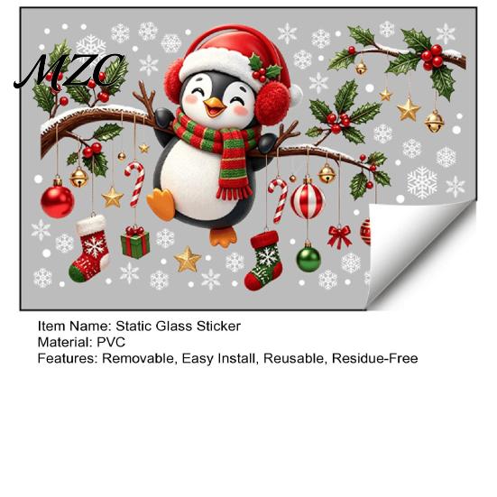 Christmas Atmosphere Decor Static Window Cling, Penguin Decal with Holly Baubles Snowflakes, Festive Home Supplies for Living Room Window, Store