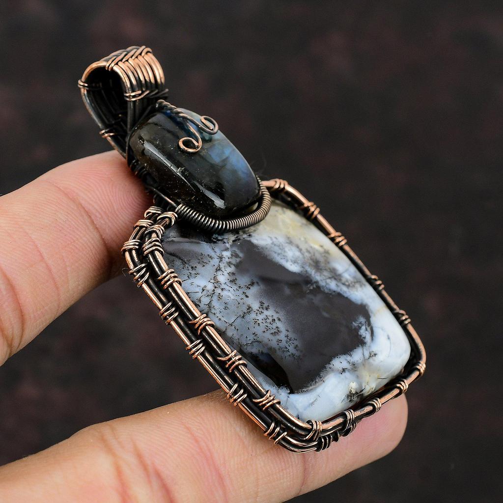 Подвеска с дендритовым опалом, обернутая медной проволокой, Подвеска с драгоценным камнем, Медные украшения, Подвеска ручной работы из проволоки, Украшения с лабрадоритом, Подарок на годовщину для мамы
