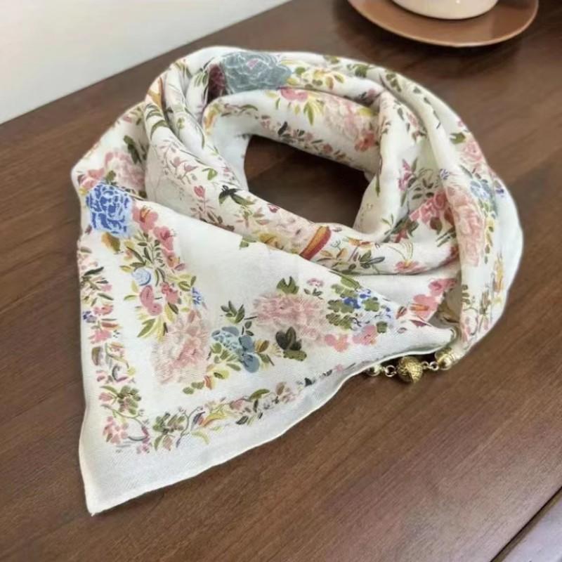 Silk Scarf Neck Tie Small Square Scarf New Women's Cotton Linen High-end Magnetic Buckle Scarf Stylish Elegant Warm Neck Scarf