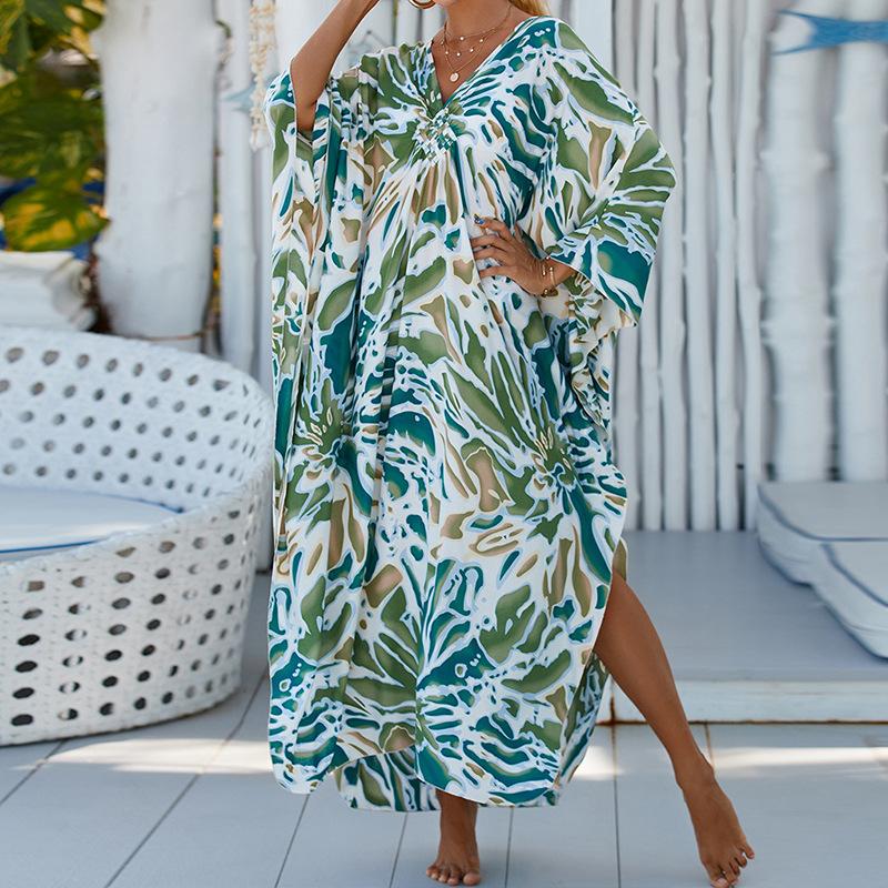 Women's Boho Cover Up, Plus Size Contrast Loose Fit Vacay Beach Kaftan Dress