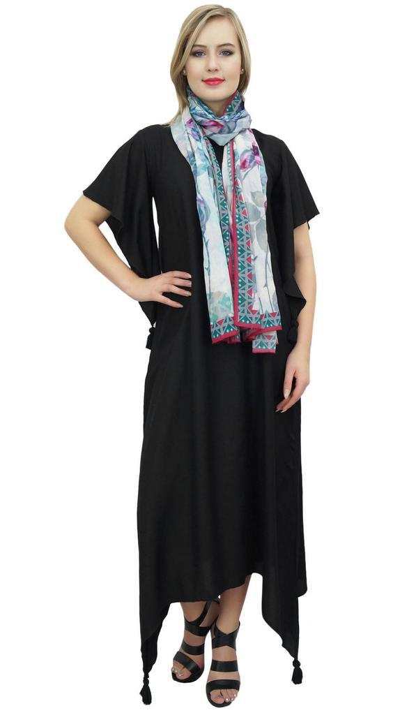 Bimba Women's Sleeve Black Asymmetrical Hem Maxi Dress with Scarf-14