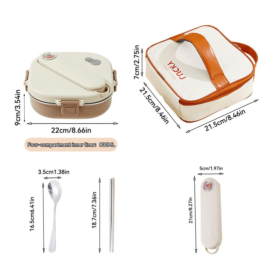 800Ml 304 Stainless Steel Divided Lunch Box With Cutlery Microwave 3/4 Grids Leak Proof Large Capacity Lunch Container