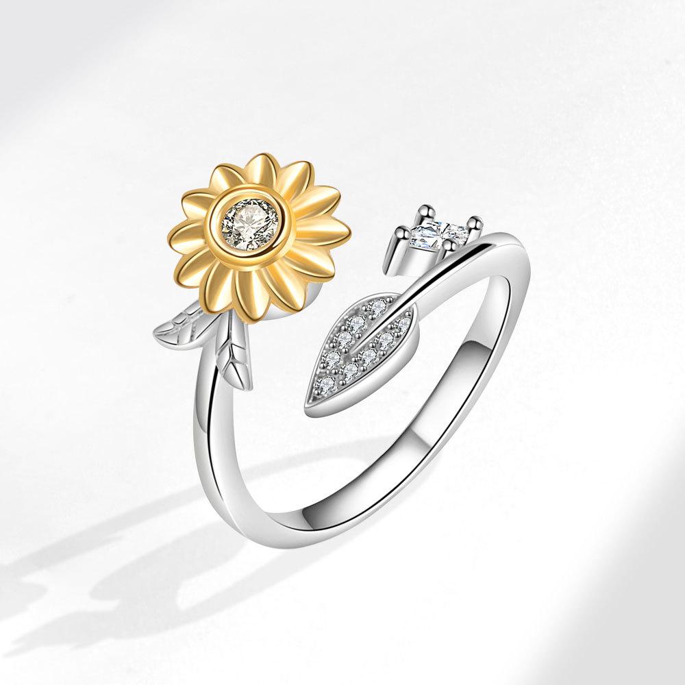 Fashionable Two Tone Sunflower Open Ring For Women With Zircon Stone Flower Jewelry