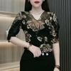 Fashionable Mommy Wear V-neck Base Shirt Middle-aged and Elderly Women Plus Size Loose Lace T-shirt