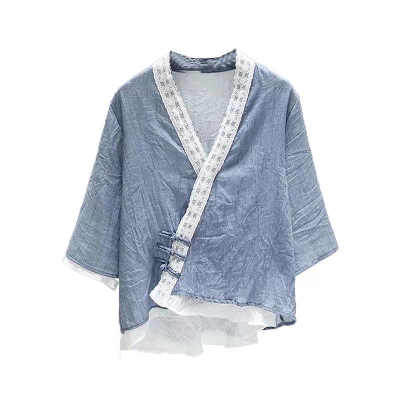 Женская китайская ретро-рубашка из хлопка и льна: Элегантный весенне-летний топ с рукавами три четверти