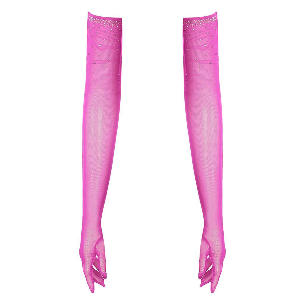 Womens One Pair Mesh Dance Gloves Glittery Rhinestones Five Finger Full Length Gloves Performance Accessory