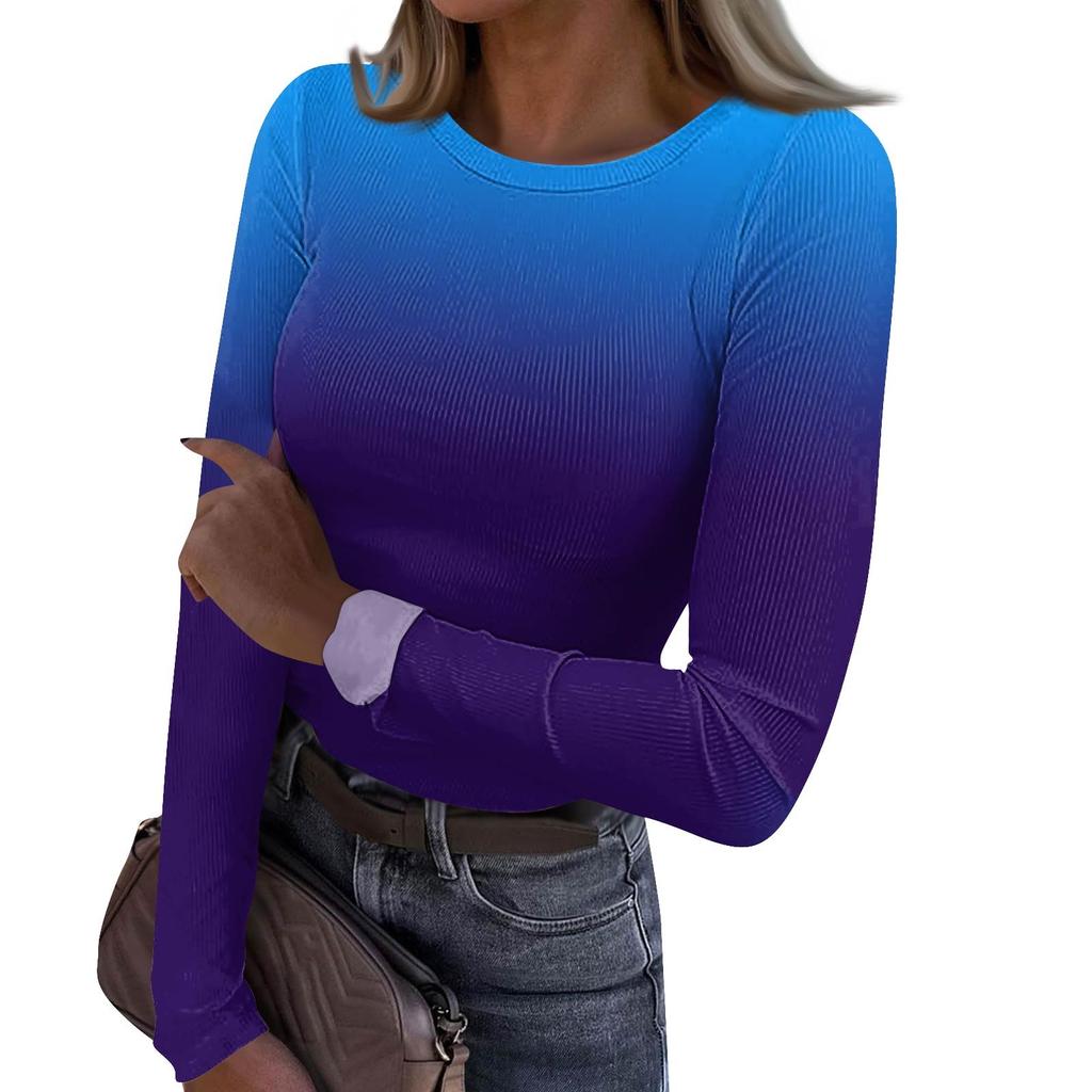Women's  And Winter Slim Bottom T-shirt Fashion Casual Gradient Printing Round Neck Pullover Long Sleeve Top