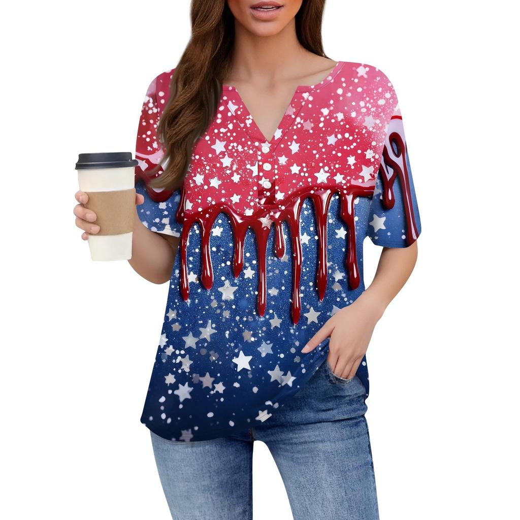 Women's T Shirt Independence Day Print Button Short Sleeve Daily Weekend Fashion Basic V- Neck Regular Top